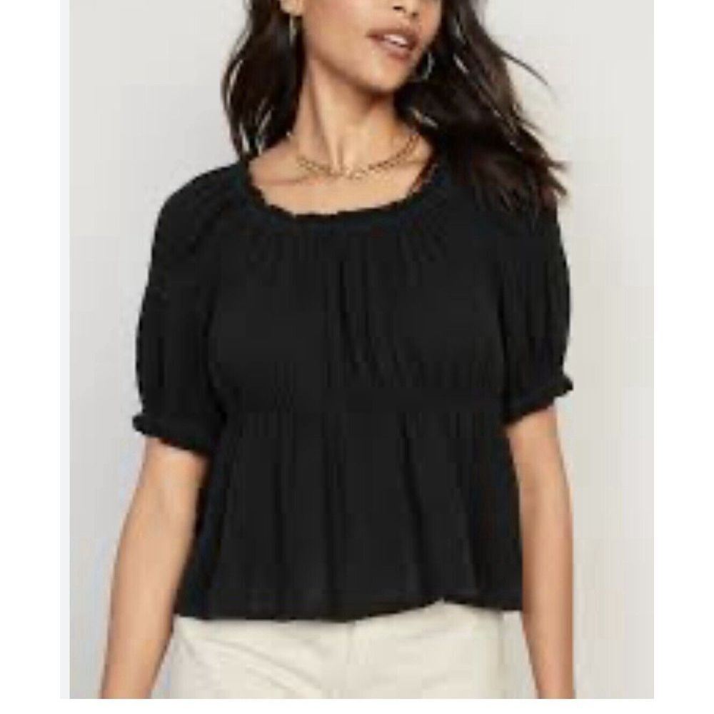 Old Navy Puff Sleeve Seersucker Top Womens XL Black Babydoll Blouse Round‎ Neck